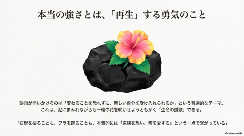 真っ黒な石炭の塊から、鮮やかなピンクのハイビスカスが力強く咲いているイラスト。