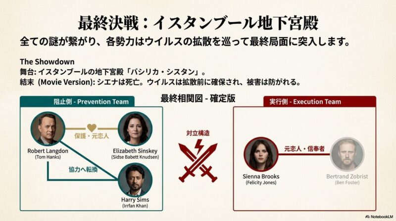 イスタンブールの地下宮殿を舞台に、阻止側（ラングドンら）と実行側（シエナら）の対立構造と映画版の結末（ウイルス確保）を記した図 。