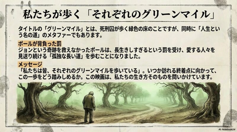 死刑囚が歩く緑色の床「グリーンマイル」が、私たちが歩む「人生という名の道」の比喩であるという解説。愛する人を見送り続けるポールの孤独な長い道についてのメッセージ。
