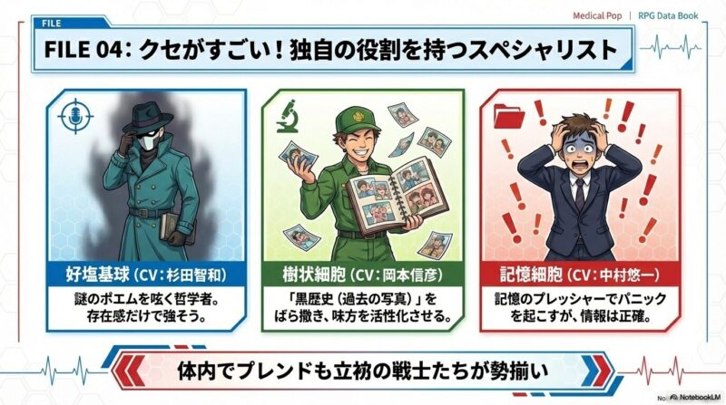 好塩基球、樹状細胞、記憶細胞の3名のイラストと、それぞれの「クセの強い」性格や担当声優（杉田智和、岡本信彦、中村悠一）を紹介するスライド。