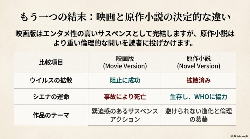 ウイルスの拡散可否、シエナの運命、作品テーマの3項目について、映画版と原作小説の違いをまとめた比較表 。