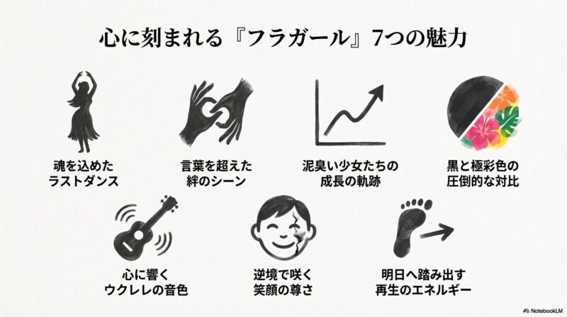 ラストダンス、絆、成長の軌跡など、本作を象徴する7つのポイントがアイコンと共にまとめられたスライド。