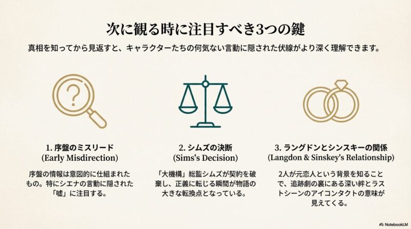 序盤のミスリード、シムズの決断、ラングドンとシンスキーの関係という、物語を深く理解するための3つのポイント 。