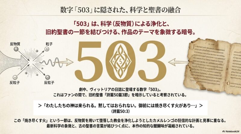粒子物理学の図解と、旧約聖書「詩篇50篇3節」の一節が並記されたスライド。科学と聖書の融合というテーマの象徴。