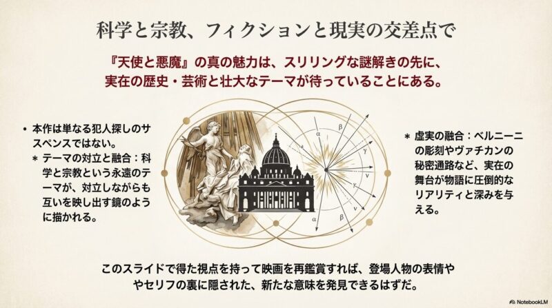 ベルニーニの彫刻、サン・ピエトロ大聖堂、粒子の衝突図が重なり合ったイラスト。物語の真の魅力を総括するまとめのスライド。