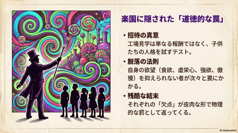 シルクハットを被り杖を持つウィリー・ウォンカのシルエットと、それを見上げる5人の子供たちのシルエット。背景にはサイケデリックな渦巻き模様が描かれている。