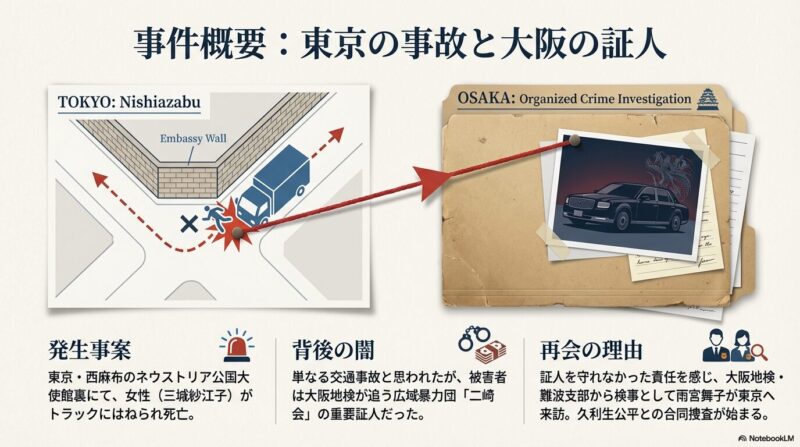 西麻布の大使館裏での交通事故現場の図解と、大阪の広域暴力団「二崎会」の証拠資料が並んでいるスライド。