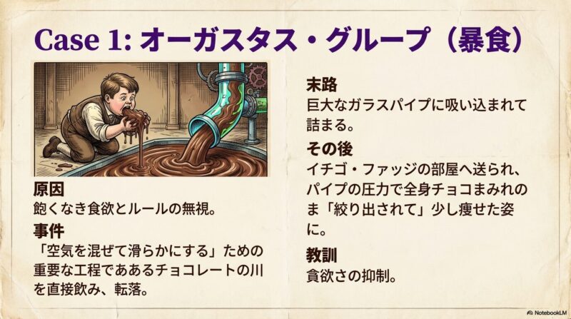 チョコレートの川の縁で、夢中で流れるチョコを口に運ぶ少年オーガスタス。横には彼を吸い込もうとする巨大なガラスパイプが見える。