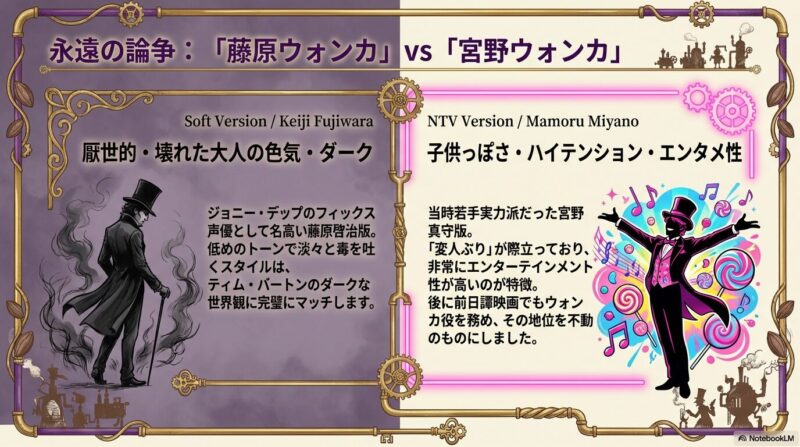 藤原啓治版の「厭世的・ダーク」な特徴と、宮野真守版の「子供っぽさ・ハイテンション」な特徴を対比させた解説スライド。