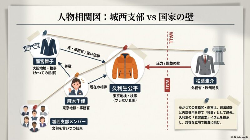 久利生公平、雨宮舞子、麻木千佳、そして外務省の松葉圭介の対立と信頼関係を示す相関図。
