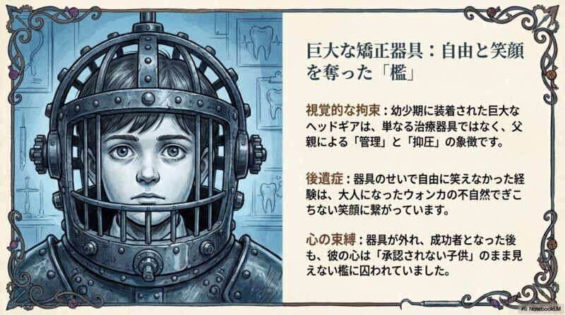 顔全体を覆う無機質で巨大な金属製の矯正器具を装着した、無表情なウィリー・ウォンカのクローズアップ。