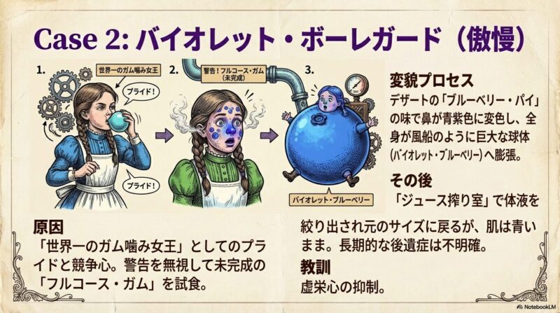 未完成のガムを噛んだことで、全身が青紫色に染まり、巨大な球体のように膨らんでしまった少女バイオレット・ボーレガード。