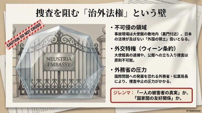 ネウストリア公国大使館の門がガラスの壁に覆われ、「外交特権」という文字が書かれた概念図。
