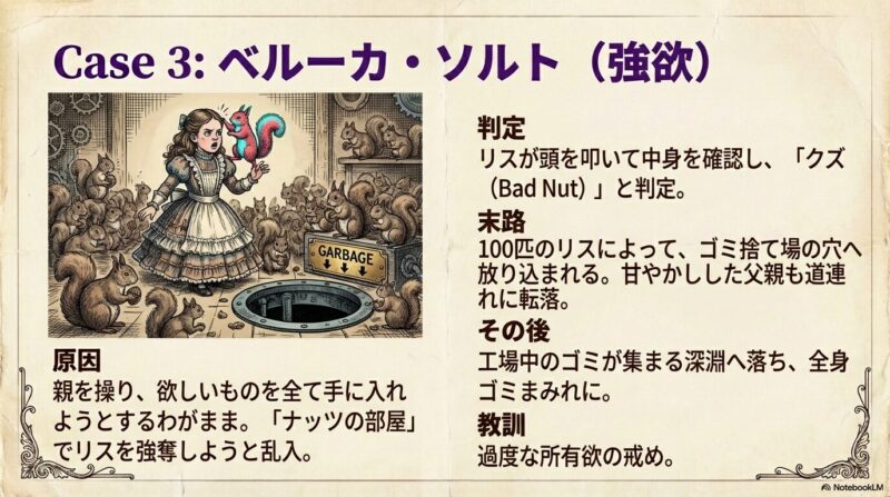 ナッツの部屋で大量のリスに囲まれるベルーカ。リスの一匹が彼女の頭を叩いて判定しており、足元には「GARBAGE（ゴミ捨て場）」と書かれた穴が開いている。