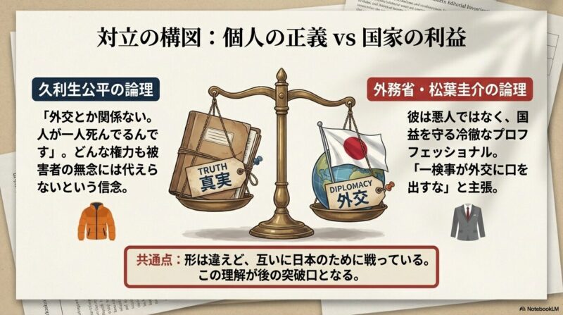 天秤の左側に「真実(TRUTH)」、右側に「外交(DIPLOMACY)」が置かれ、久利生と松葉の論理が対立している図。