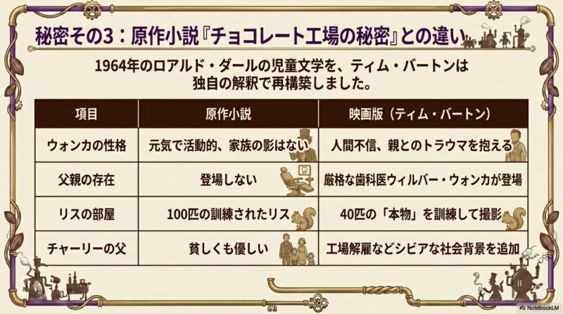 ウォンカの性格、父親の存在、リスの部屋、チャーリーの父の4項目について、原作と映画の違いをまとめた比較表。