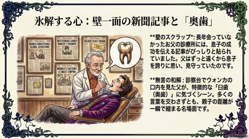 診察台に横たわるウォンカと、彼の奥歯を見て息子だと確信する父。背景には息子の活躍を伝える新聞の切り抜き。