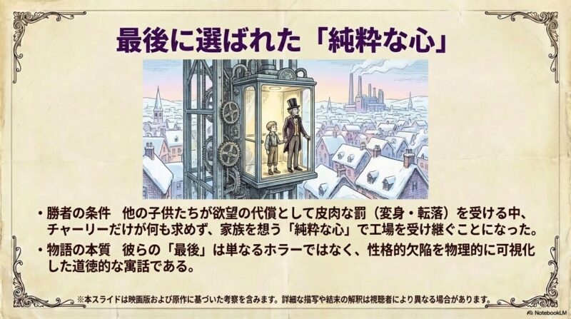 欲望に負けた他の子供たちとは対照的に、純粋な心で勝利したチャーリーを象徴するメッセージスライド。