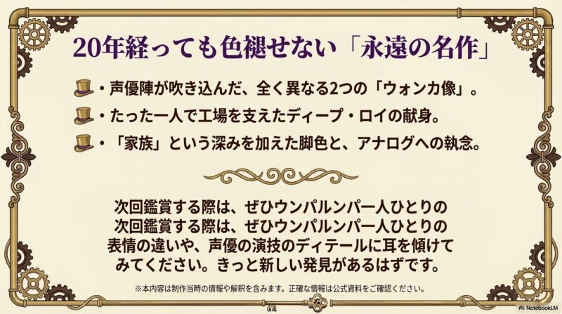 吹き替え、ディープ・ロイ、家族のテーマの3点を総括したスライド。最後に「新しい発見があるはずです」というメッセージ。