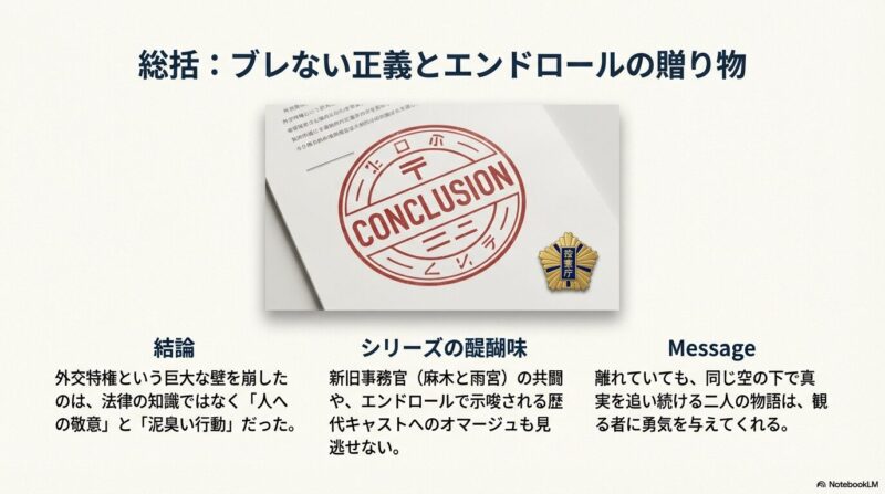 「CONCLUSION(結論)」というスタンプが押された書類と検察記章が並び、シリーズの醍醐味をまとめたスライド。
