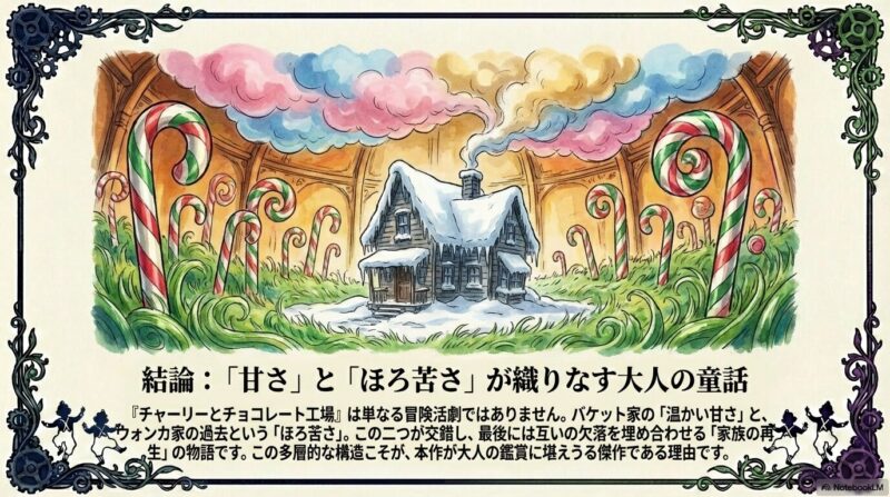 工場の中にあるお菓子の草原に、雪が積もったチャーリーの家が佇んでいる、物語の結末を象徴する幻想的な風景。