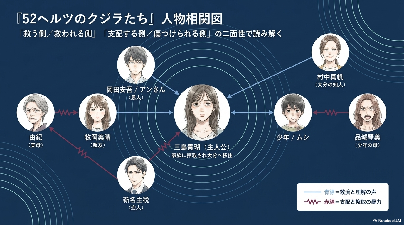 過去にアンさんが貴瑚を救った出来事と、現在で貴瑚が少年を救う出来事を対比させ、受け取った優しさを次へ渡す「救済の連鎖」を解説したスライド。