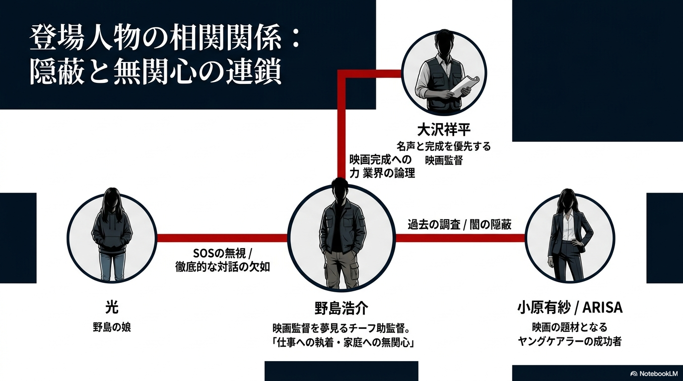 ARISAの表の顔であるヤングケアラーの美談と、裏の真実であるDV被害やパパ活、父親の不自然な転落死疑惑を対比させた図解スライド
