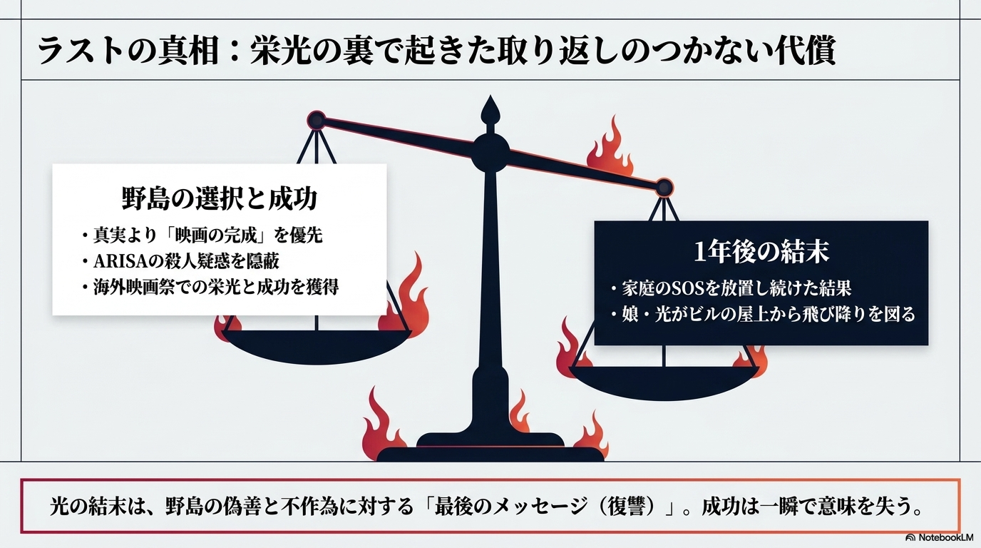 野島が娘のスマホを踏み潰した行動は、怒りではなく見たくない現実の隠蔽であり、対話の放棄であることを示すスライド