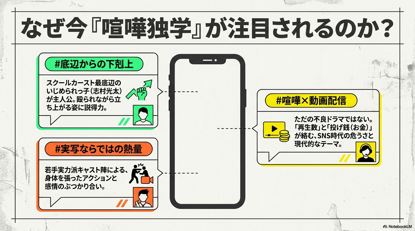 底辺からの下剋上、喧嘩×動画配信、実写ならではの熱量といった注目理由をまとめたスライド