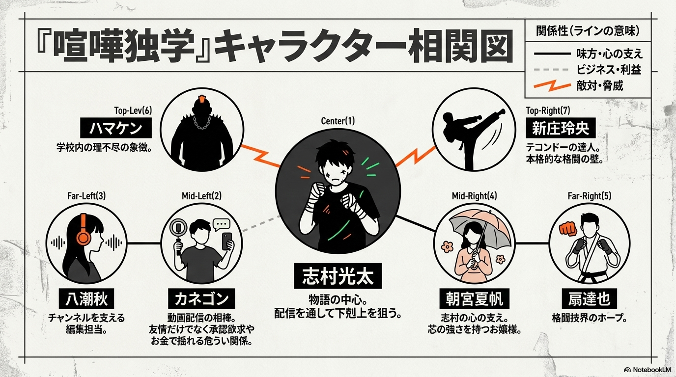  志村光太を中心に、カネゴン、八潮秋、朝宮夏帆、新庄玲央、扇達也などの相関図を示したスライド  