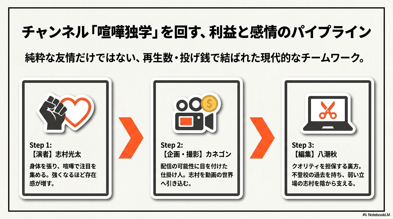 演者の志村光太、企画と撮影のカネゴン、編集の八潮秋によるチームワークのステップを解説したスライド  