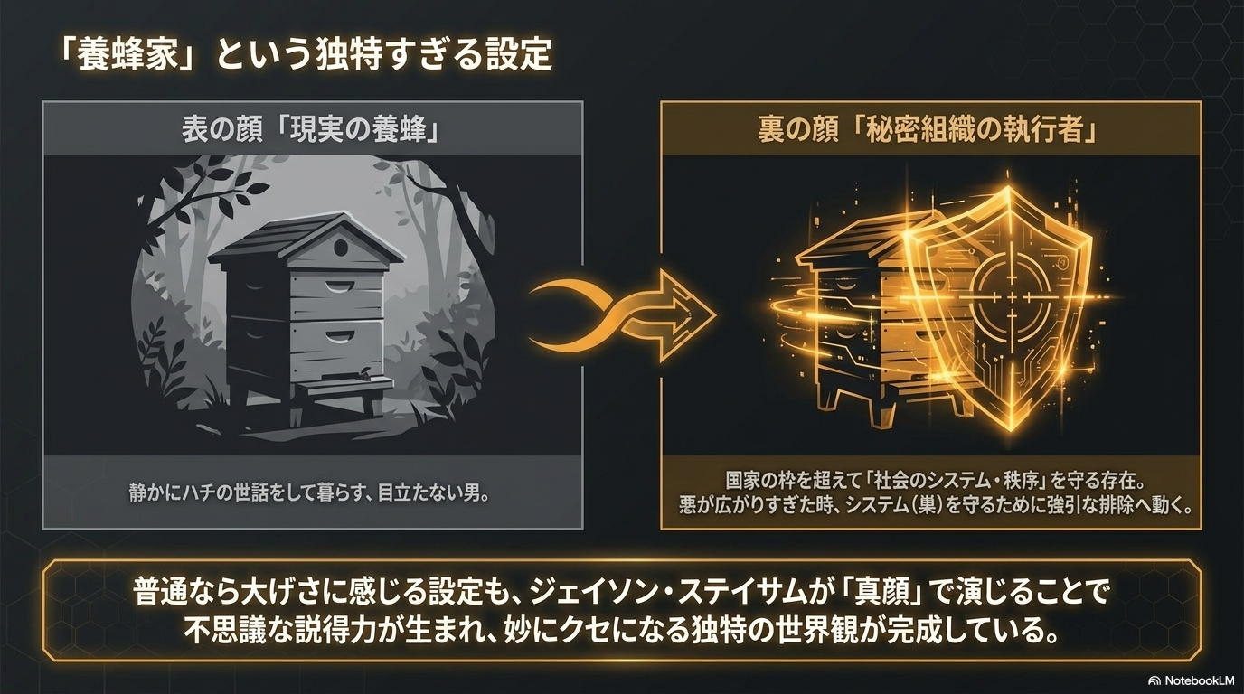 アダム・クレイの「現実の養蜂」という表の顔と、「秘密組織の執行者」という裏の顔のギャップを解説したスライド。