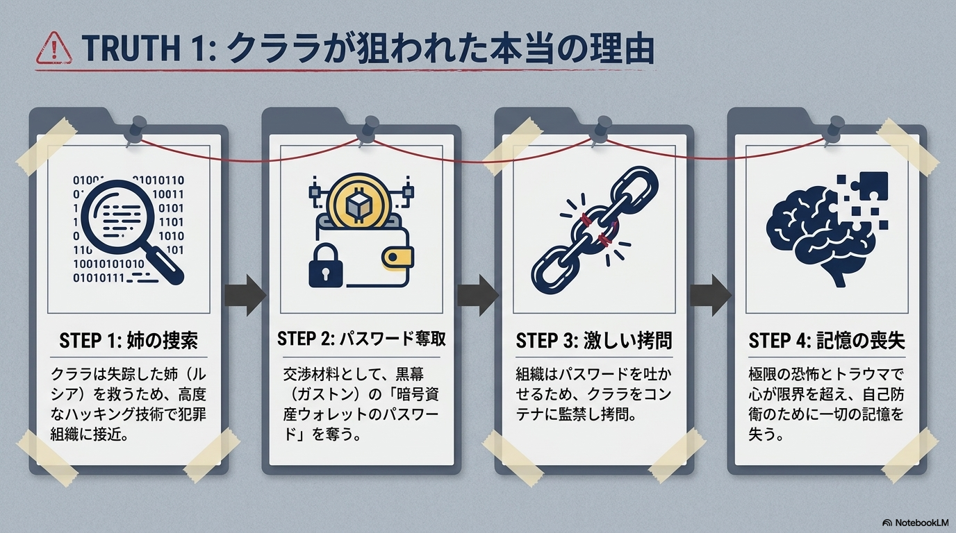 サラテ捜査官に向けられた疑惑がファルコによる隠蔽工作の罠であったことと、警察幹部ファルコが犯罪組織のトップであるガストンと同一人物であることを示す図解