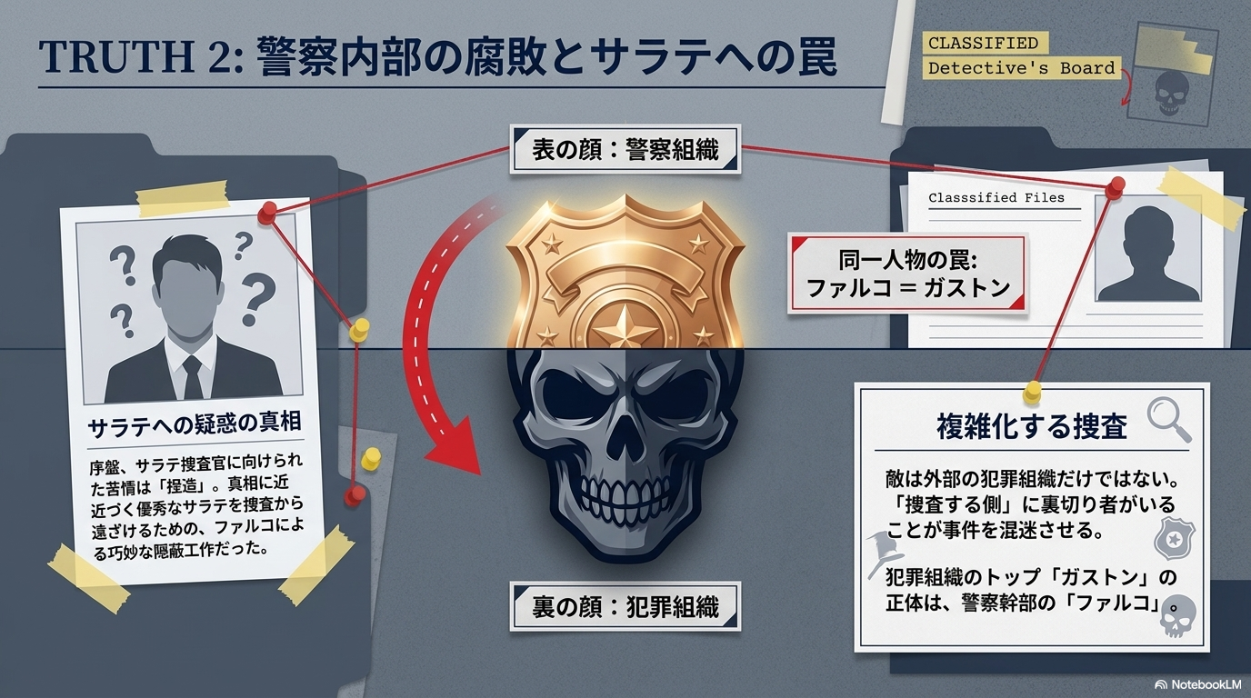 姉の捜索、パスワード奪取、激しい拷問、記憶の喪失という、クララが犯罪組織から命を狙われ記憶を失うまでの4ステップを解説した図
