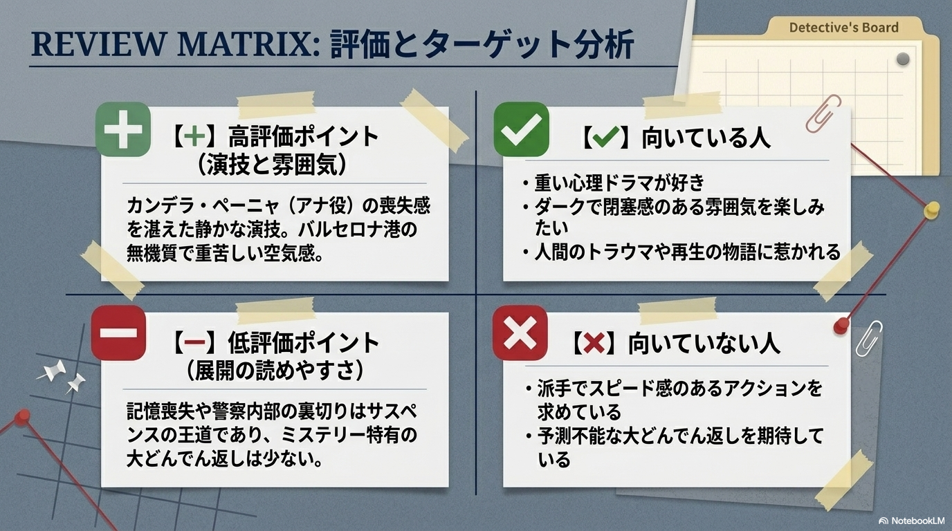 カンデラ・ペーニャの演技や重苦しい雰囲気などの高評価ポイント、王道ゆえの展開の読めやすさという低評価ポイント、および本作品に向いている人と向いていない人の特徴をまとめた表