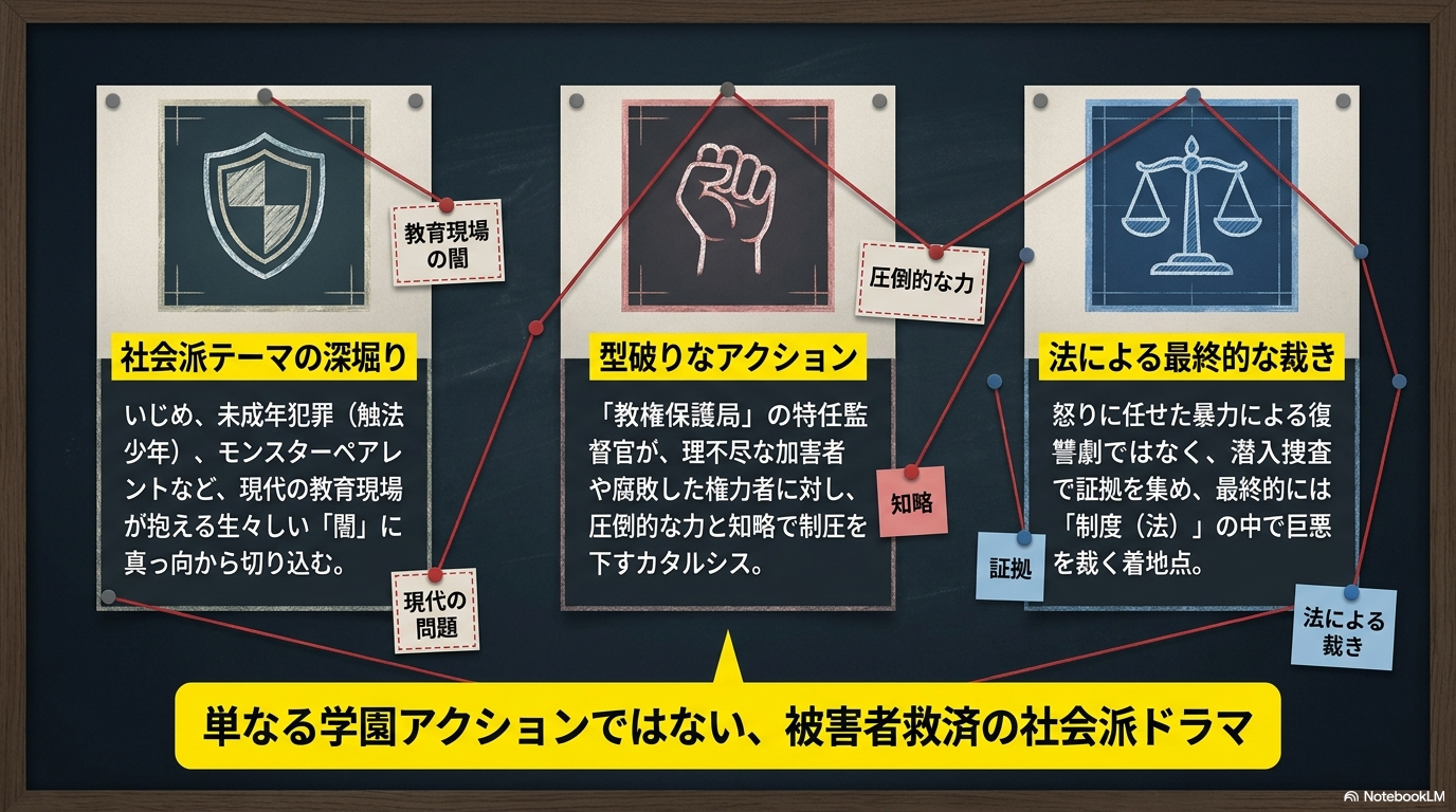 鉄槌教師の作品テーマを図解。教育現場の闇、型破りなアクション、法による最終的な裁きなど、単なる学園アクションではない社会派ドラマとしての魅力を解説。