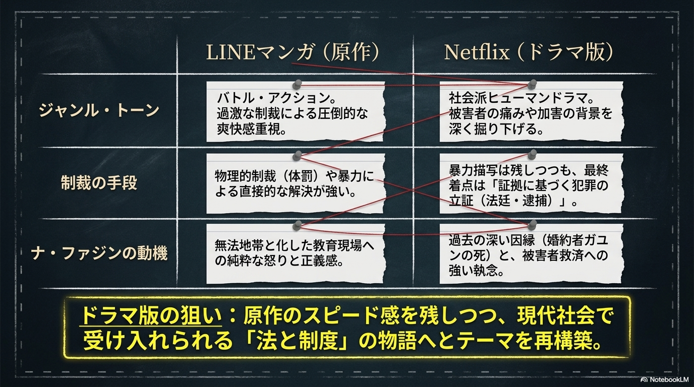 鉄槌教師のLINEマンガ（原作）とNetflix（ドラマ版）の違いを比較した表。ジャンル、制裁の手段、主人公の動機について対比している。