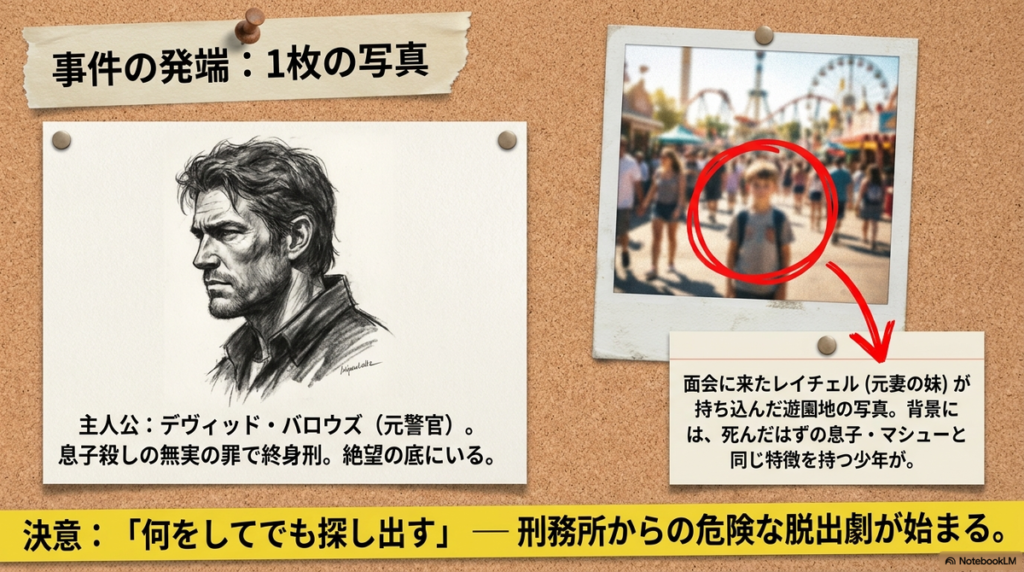 『捜索者の血』事件の発端を解説するスライド。終身刑で絶望する主人公デヴィッドが、1枚の写真に息子を見つけ「何をしてでも探し出す」と決意するあらすじが記載されている。