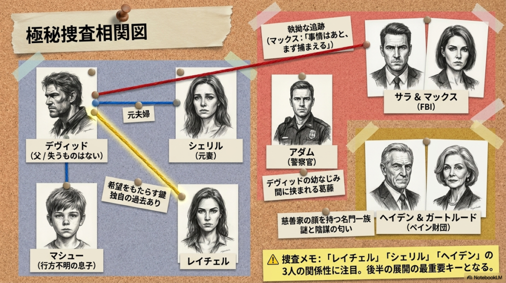 『捜索者の血』の登場人物相関図。主人公デヴィッドを中心に、元妻や妹、彼を追うFBI、謎めいたペイン財団の関係性が整理されている。