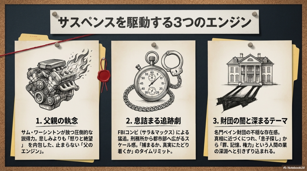 サスペンスを駆動する3つの要素を図解したスライド。父親の執念、FBIの追跡劇、ペイン財団の闇が物語を牽引していることが書かれている。