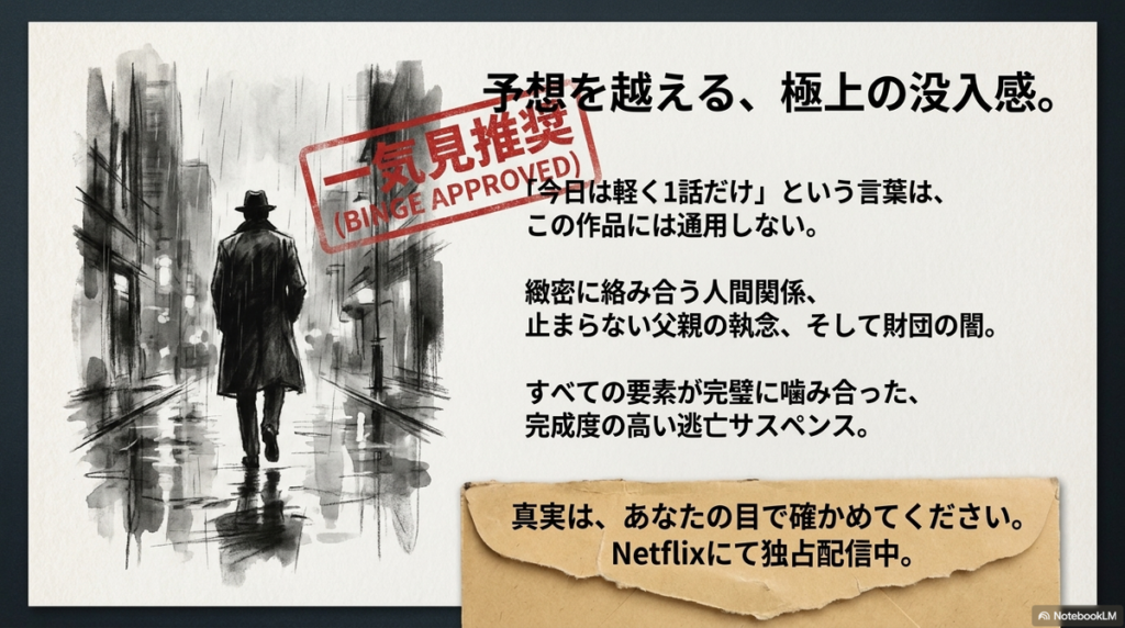 一気見推奨と書かれたまとめスライド。人間関係、父親の執念、財団の闇が完璧に噛み合った極上の没入感を味わえる作品であると締めくくられている。