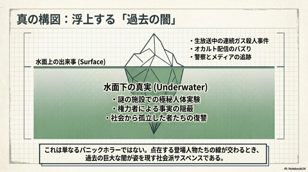 表層の事件と、水面下の真実(過去の闇)を氷山図で示した解説スライド。