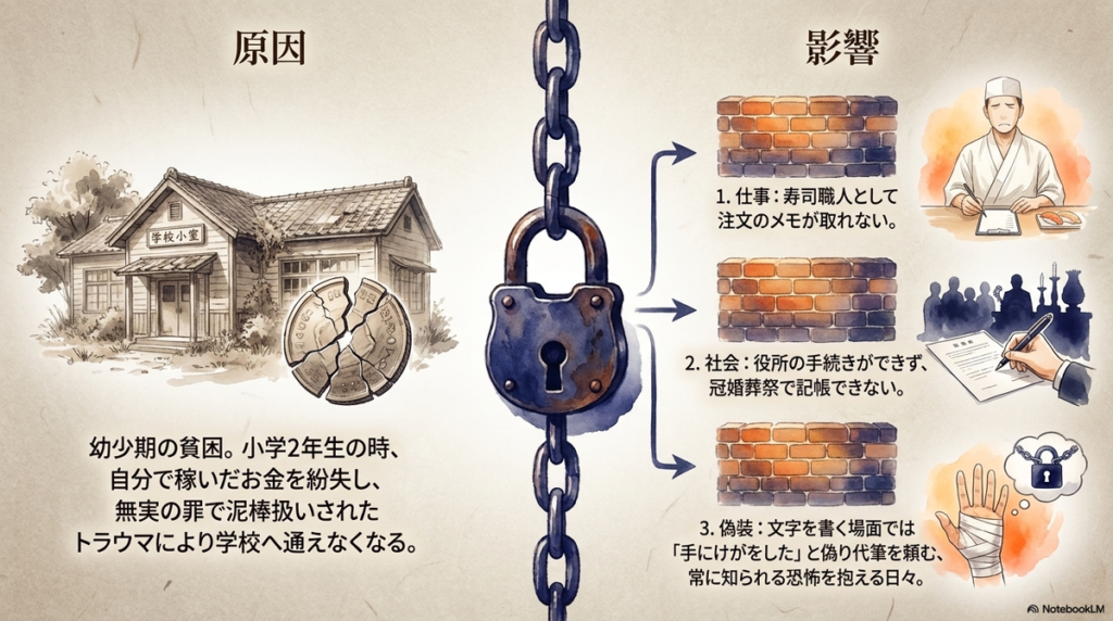 幼少期の貧困や学校で無実の罪を着せられたトラウマにより文字を学べなかった原因と、大人になってから仕事や社会生活で直面した困難をまとめた図解。