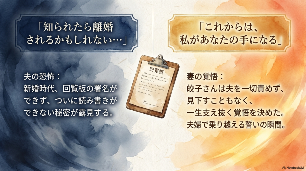 夫が読み書きできないことを回覧板をきっかけに妻が知る場面。「これからは私があなたの手になる」と夫を支え抜く覚悟を決めた夫婦のイラスト。