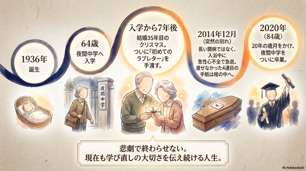 64歳での夜間中学入学、結婚35年目のクリスマスでの初ラブレター、2014年12月の妻の急逝、そして2020年の夜間中学卒業までの歩みを記した年表。