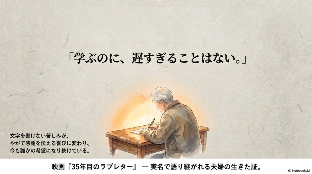 「学ぶのに、遅すぎることはない。」というメッセージとともに、机に向かって手紙を書く年齢を重ねた男性の後ろ姿のイラスト。