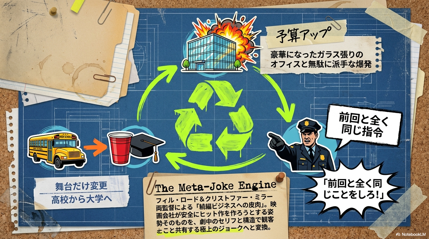 予算アップで派手になった爆発や、舞台を高校から大学に変えただけで前回と同じ指令を下す続編ビジネスへの皮肉を図解。