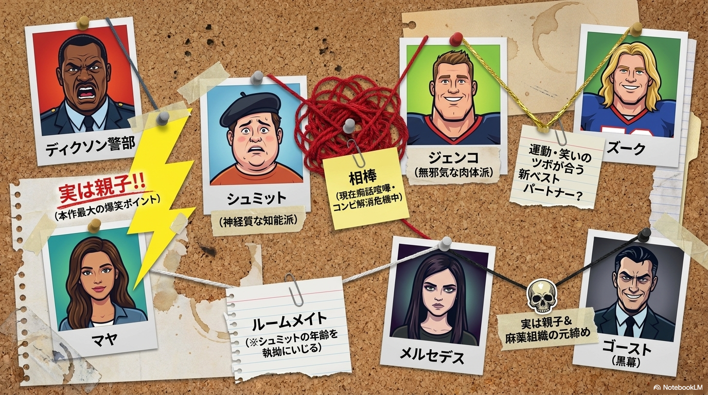 22ジャンプストリートの登場人物相関図。シュミットとジェンコのコンビ解消危機や、ディクソン警部とマヤの親子関係などを解説。