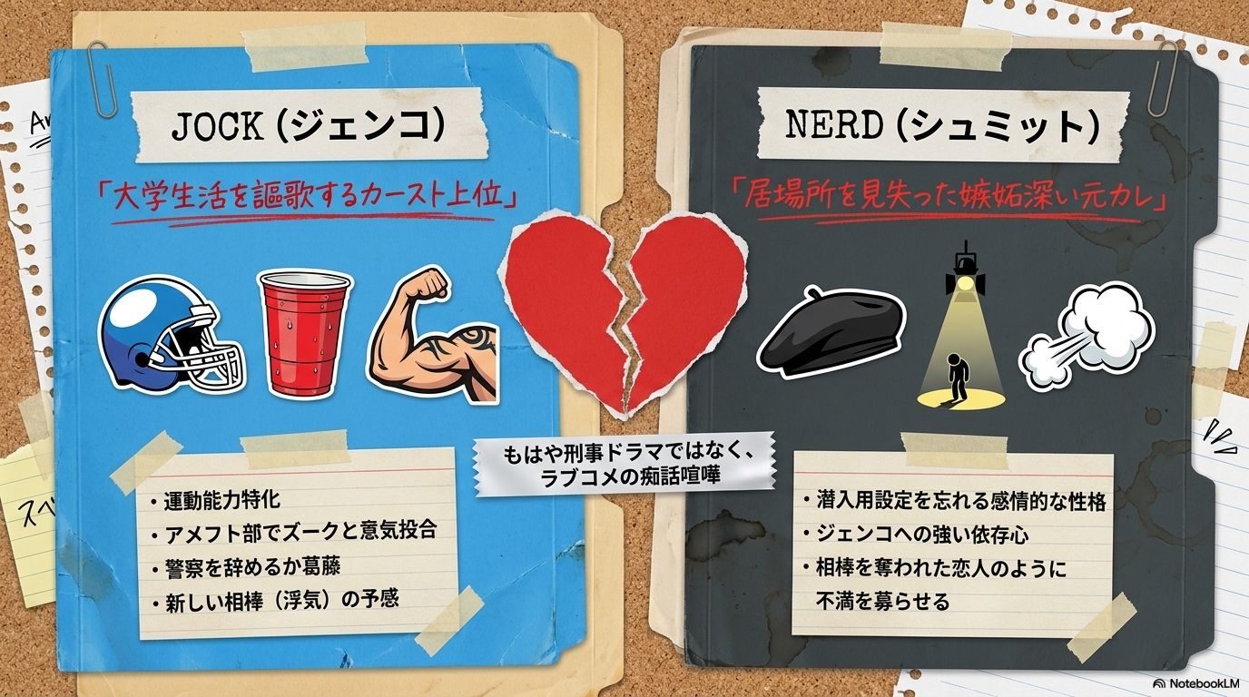 大学生活を謳歌するジェンコと、相棒を奪われた恋人のように嫉妬するシュミットの対照的なキャラクター図解。