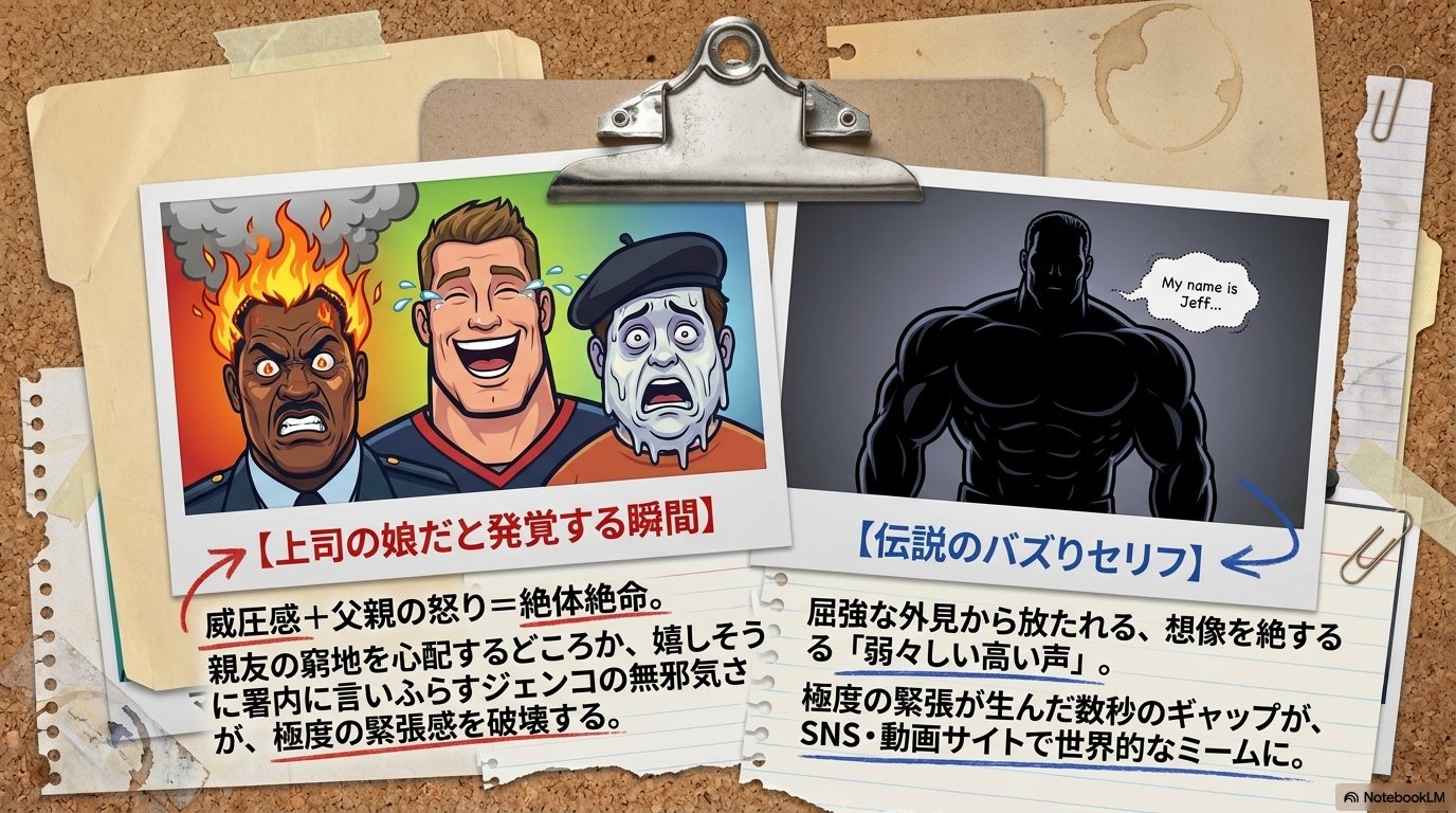 ディクソン警部がマヤの父親だと発覚した瞬間の気まずさと、ジェンコが弱々しい声で名乗る「My name is Jeff」のミーム解説。